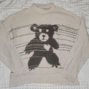 Cream Crewneck Sweater with Teddy Graphic